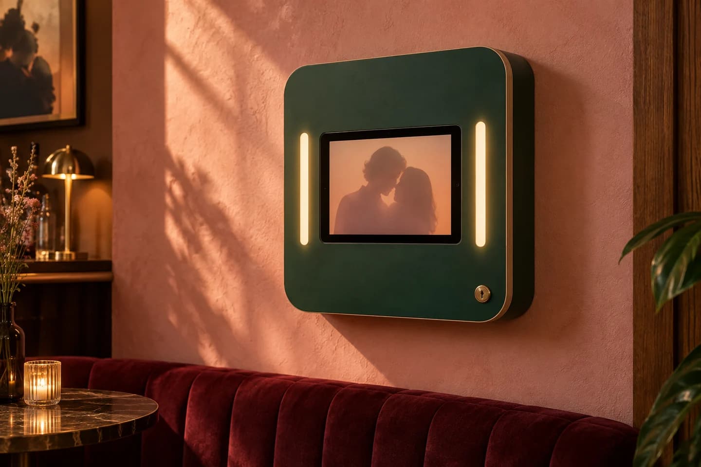 A green wooden photo booth cabinet mounted on a pink plaster wall above a velvet banquette, with soft light strips either side of the screen